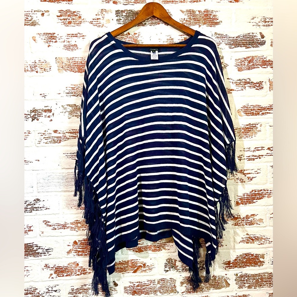 Talbots Poncho Fringe Knit Nautical Navy White Linen Viscose Sz S